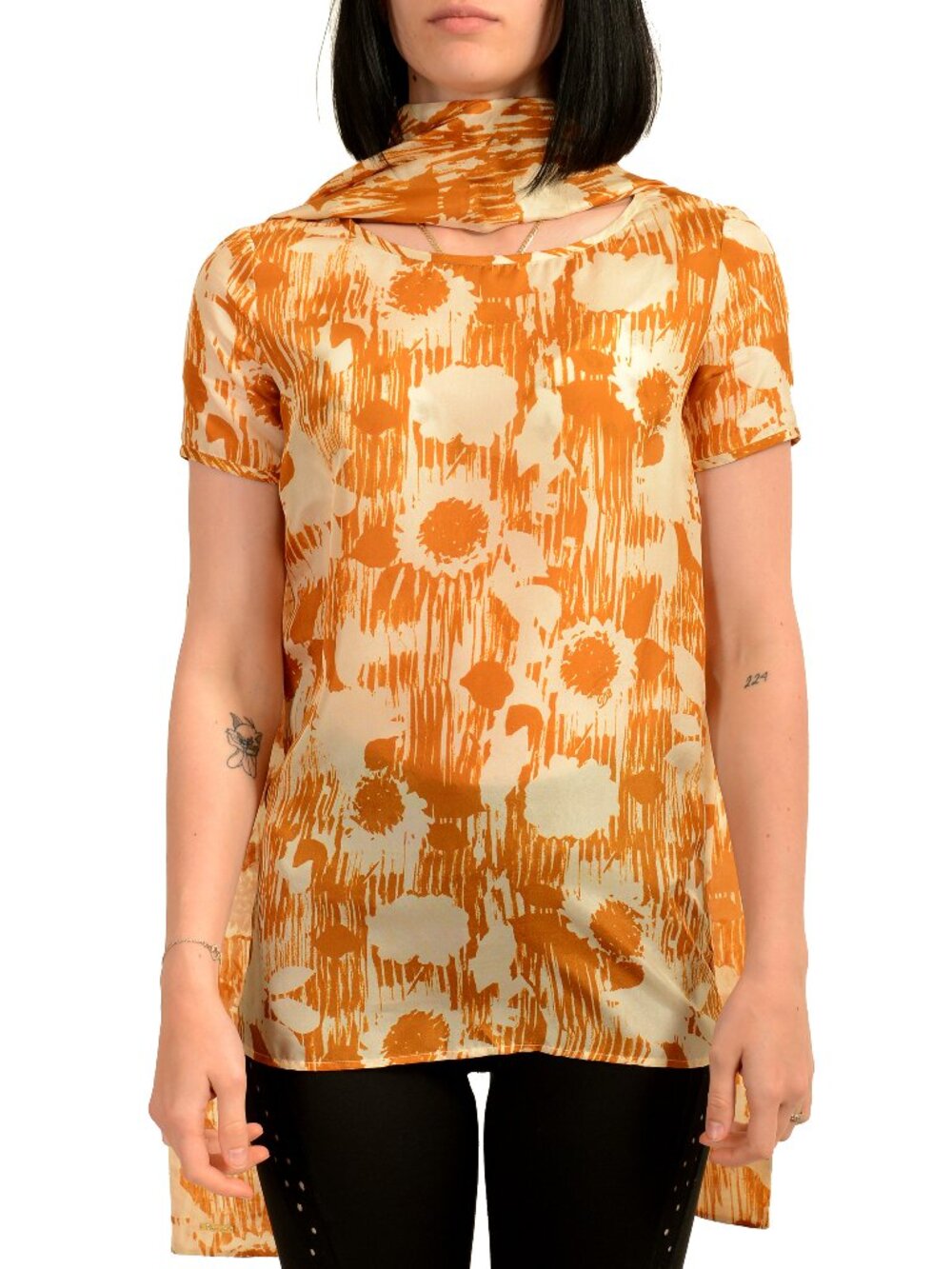 Dsquared2 Women's Brown & Ivory 100% Silk Crewneck & Scarf Blouse US S IT 40